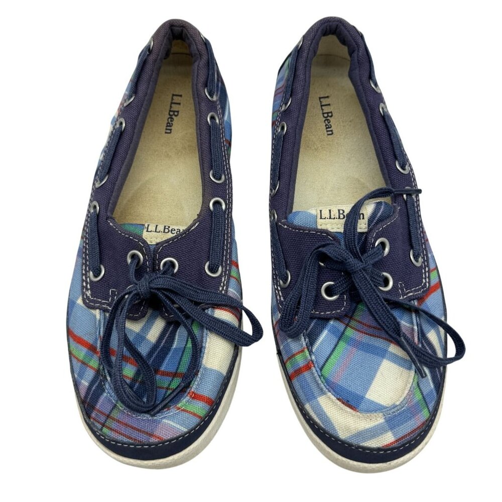 L.L.Bean Womens Boat Shoes Size 8M Blue Plaid Flats Slip On Casual Preppy Travel